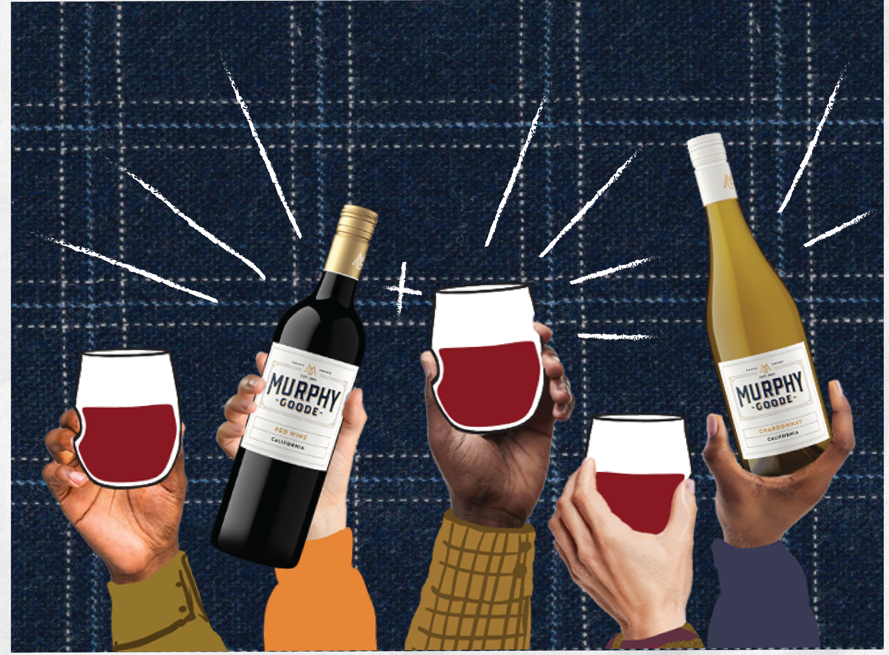 multiple hands holding wine glasses ready for friendsgiving 